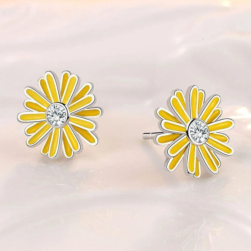 925 Sterling Silver Yellow Flower Crystal Stud Earrings – Hallmarked Floral Jewellery for Women & Girls (12mm)