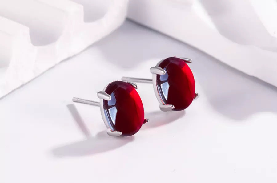 Red Oval Zircon Ruby Earrings - 925 Sterling Silver Studs for Women