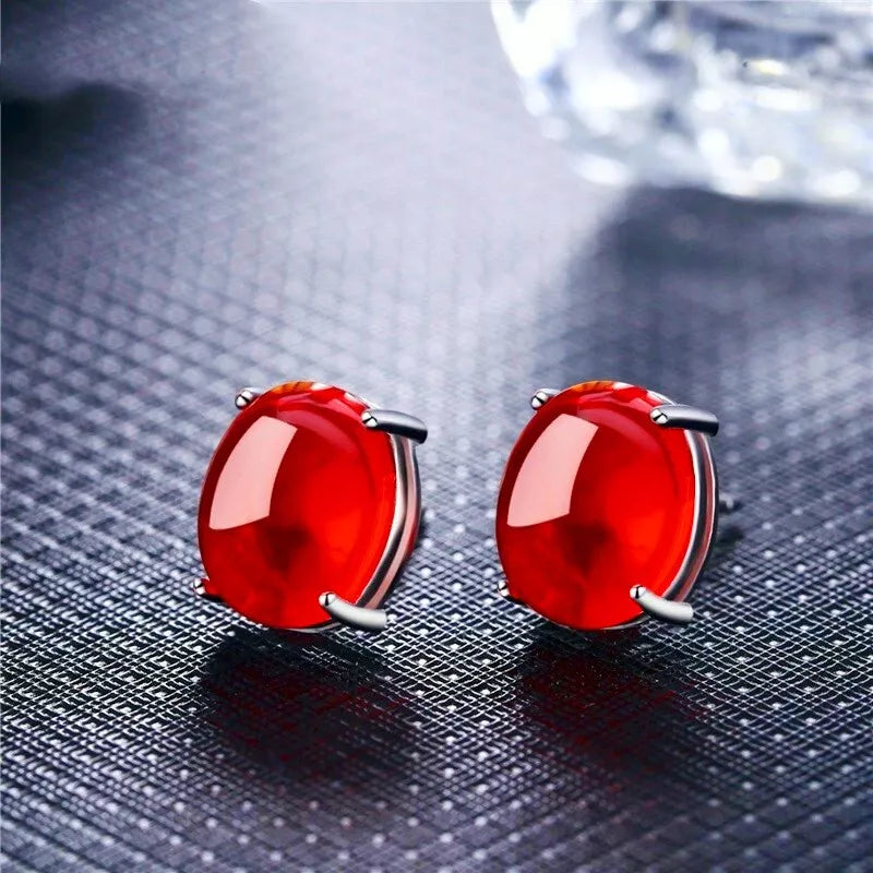 Red Oval Zircon Ruby Earrings - 925 Sterling Silver Studs for Women