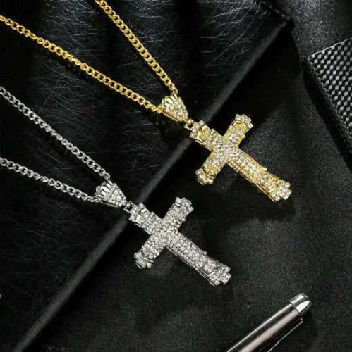 Unisex Big Crystal Cross Pendant Necklace