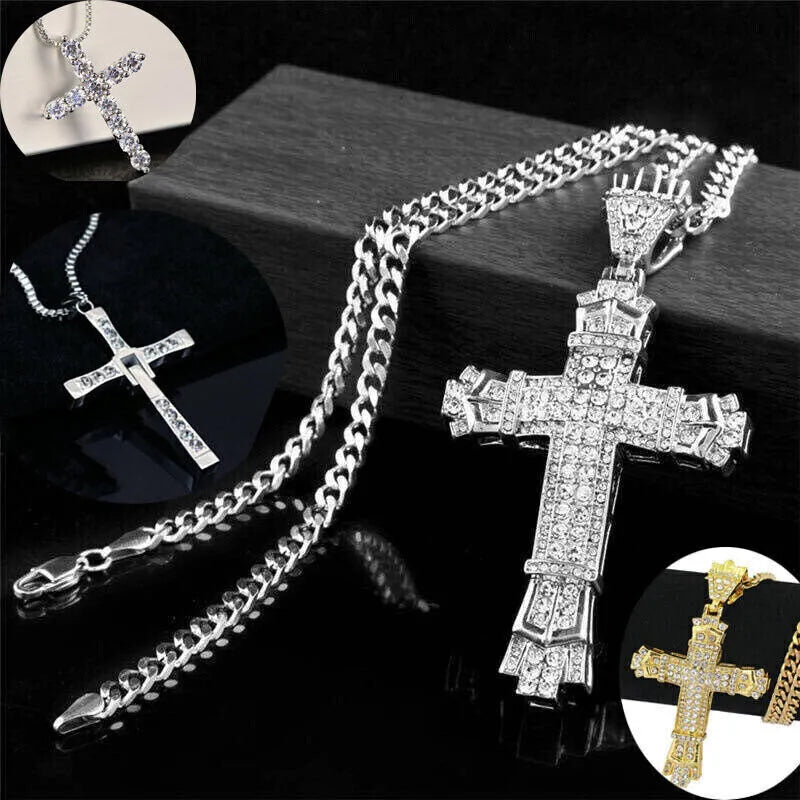 Unisex Big Crystal Cross Pendant Necklace