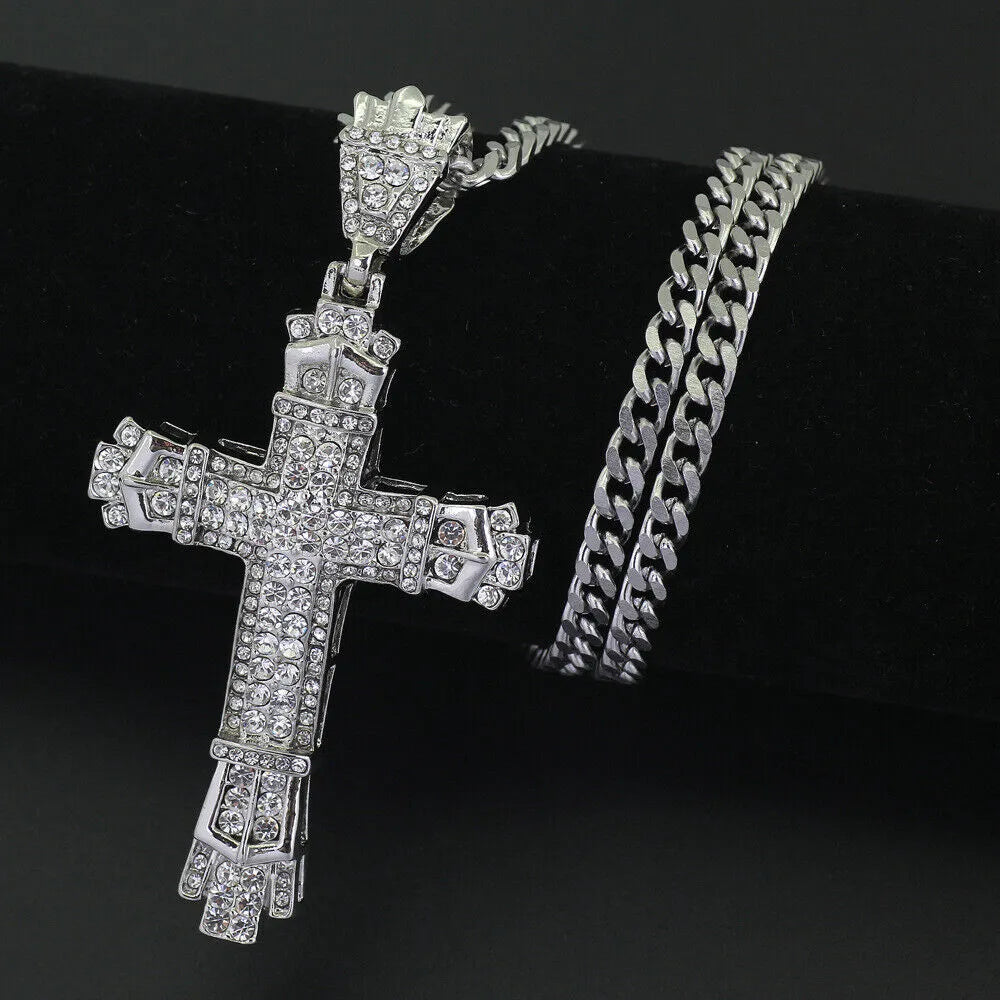 Unisex Big Crystal Cross Pendant Necklace