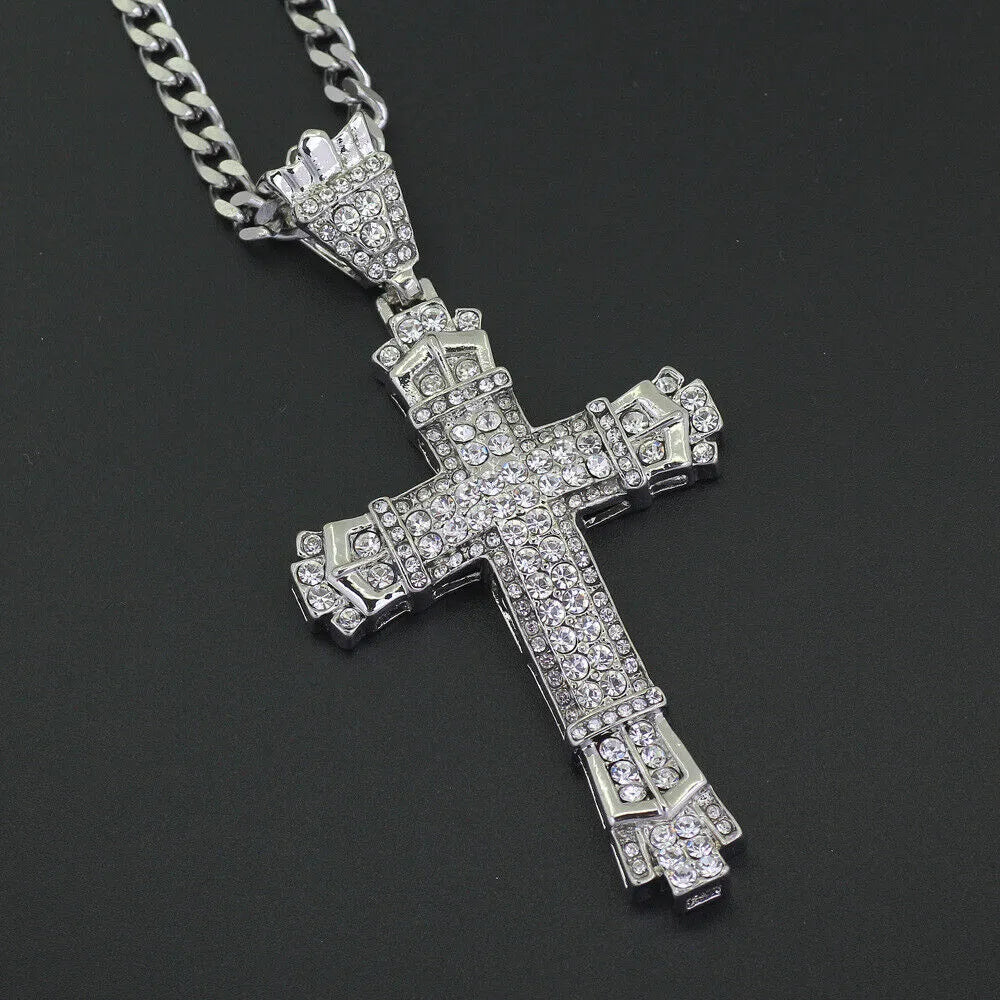 Unisex Big Crystal Cross Pendant Necklace