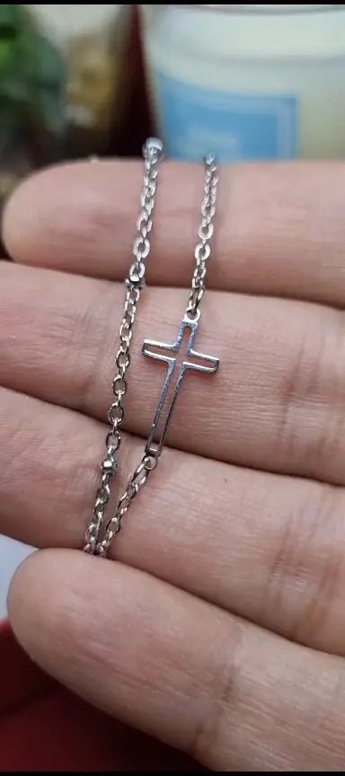Silver Adjustable Double Chain Cross Bracelet | Tiny Silver Cross Charm Religious Chain Bracelet