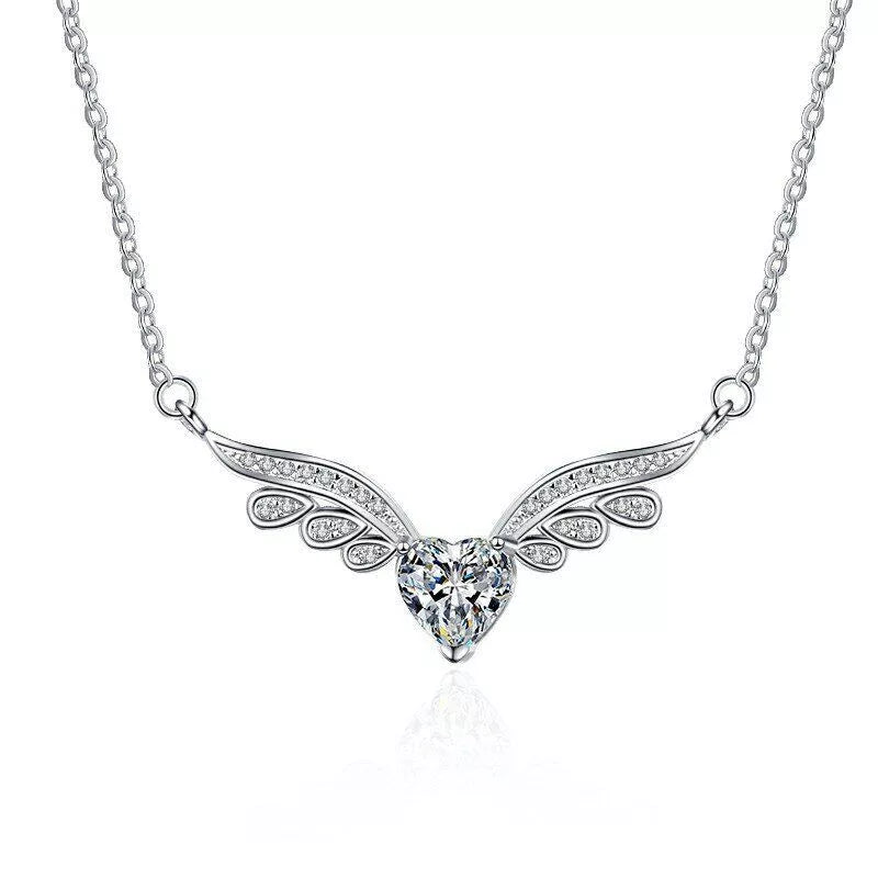 Silver Angel Wing Heart Choker Necklace – Elegant Crystal Jewellery Gift for Women & Girls (45cm + 5cm)