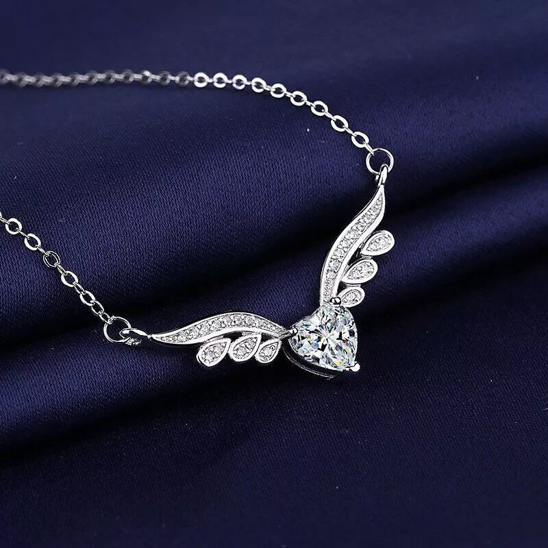 Silver Angel Wing Heart Choker Necklace – Elegant Crystal Jewellery Gift for Women & Girls (45cm + 5cm)