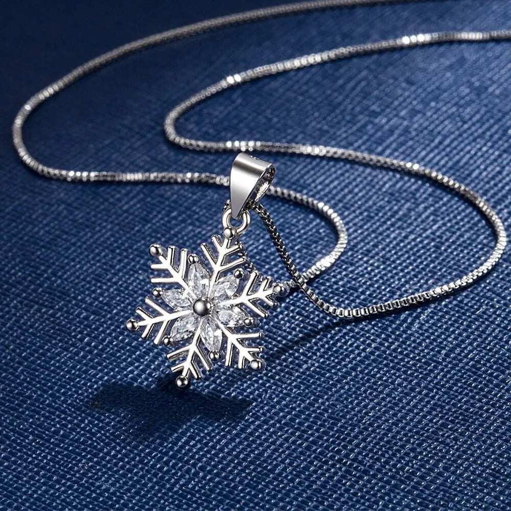 Snowflake Pendant Necklaces | Crystal Stud Earrings 925 Sterling Silver | Snowflake Jewellery Earrings