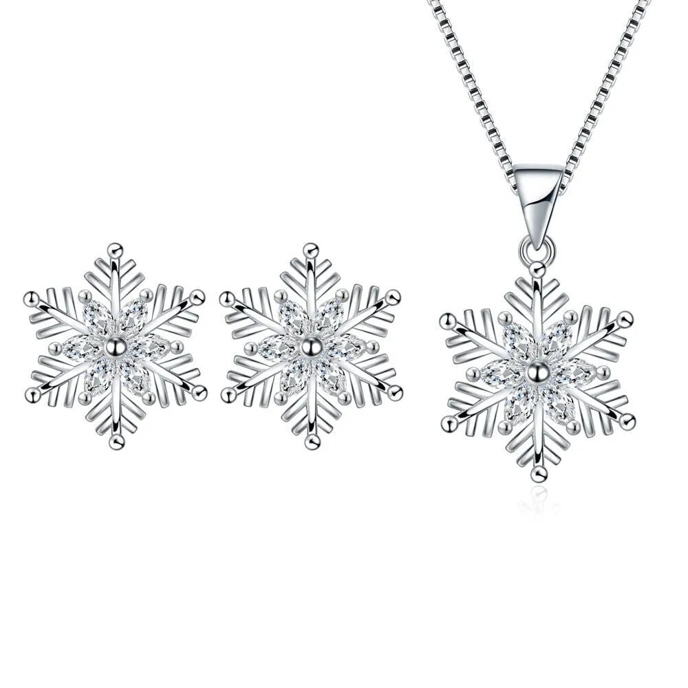 Snowflake Pendant Necklaces | Crystal Stud Earrings 925 Sterling Silver | Snowflake Jewellery Earrings