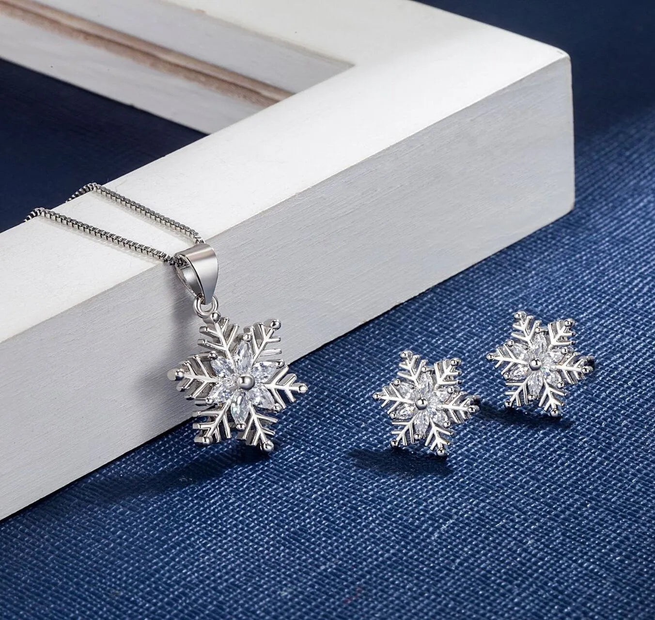 Snowflake Pendant Necklaces | Crystal Stud Earrings 925 Sterling Silver | Snowflake Jewellery Earrings