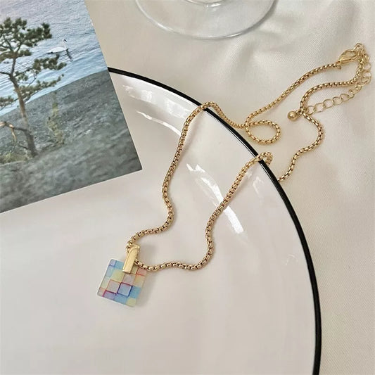 Square Multicolored Resin Pendant Necklace & Earring Set – Elegant Gold-Plated Jewelry for Women Perfect Gift