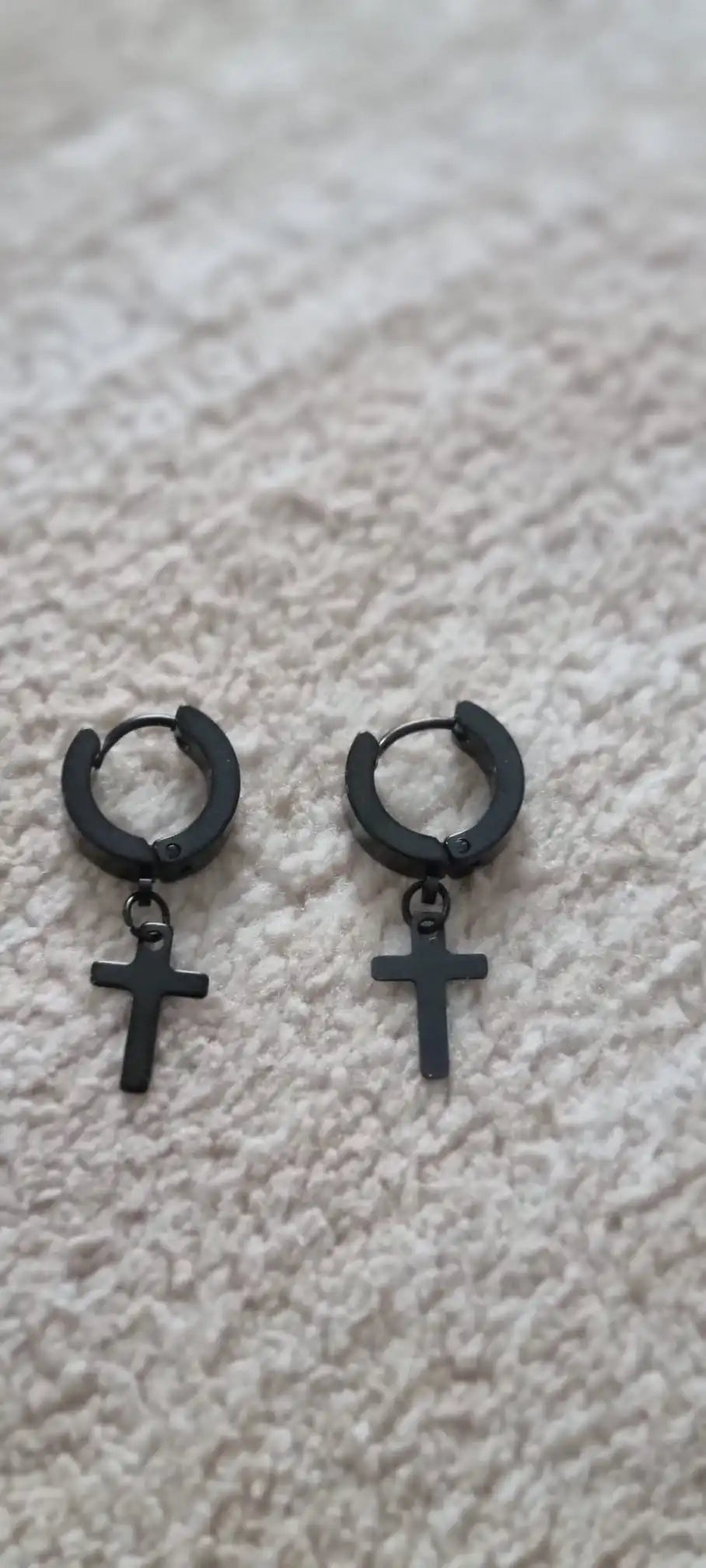 Stainless Steel Unisex Cross Stars Punk Dangle Earrings" "Gothic Hoop Huggies with Cross and Stars Design black 2