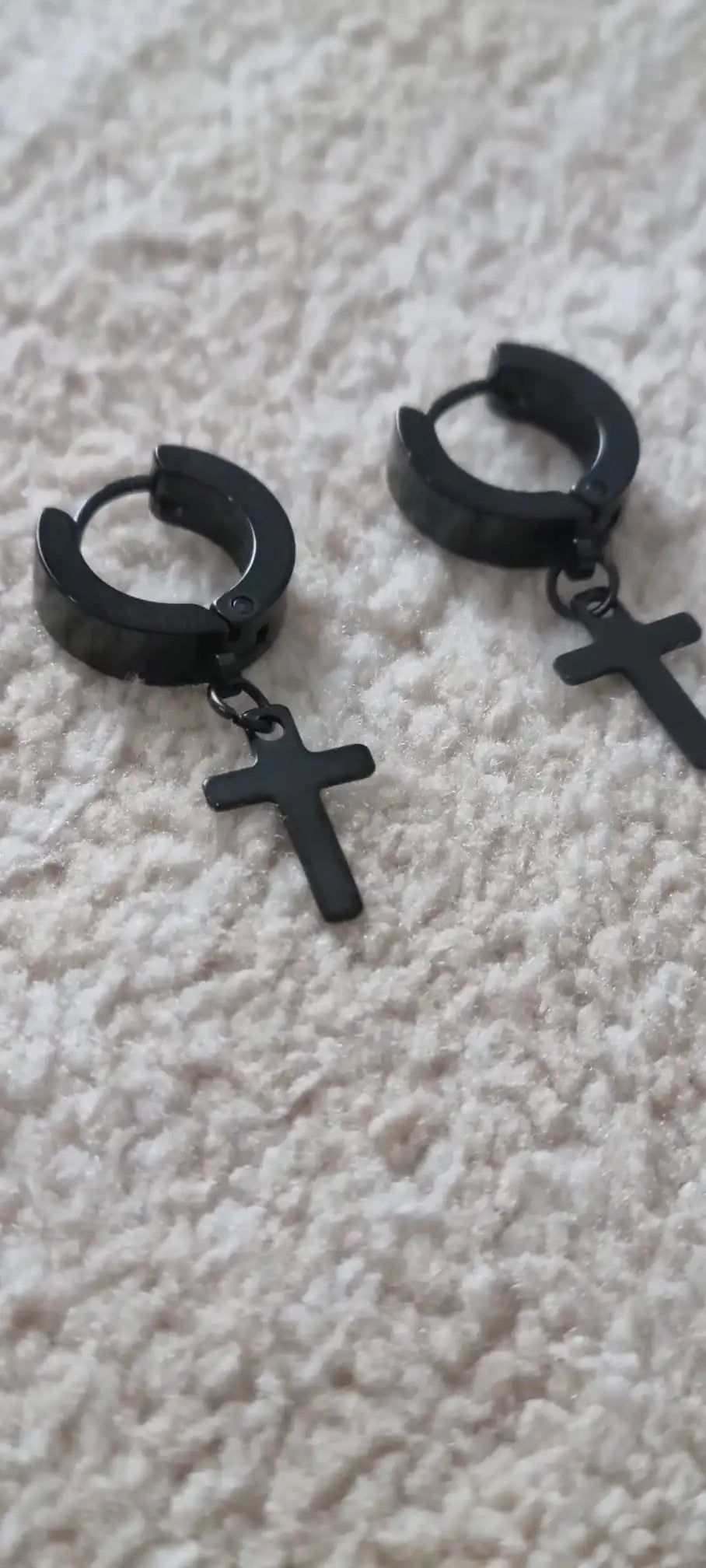 Stainless Steel Unisex Cross Stars Punk Dangle Earrings" "Gothic Hoop Huggies with Cross and Stars Design black 3