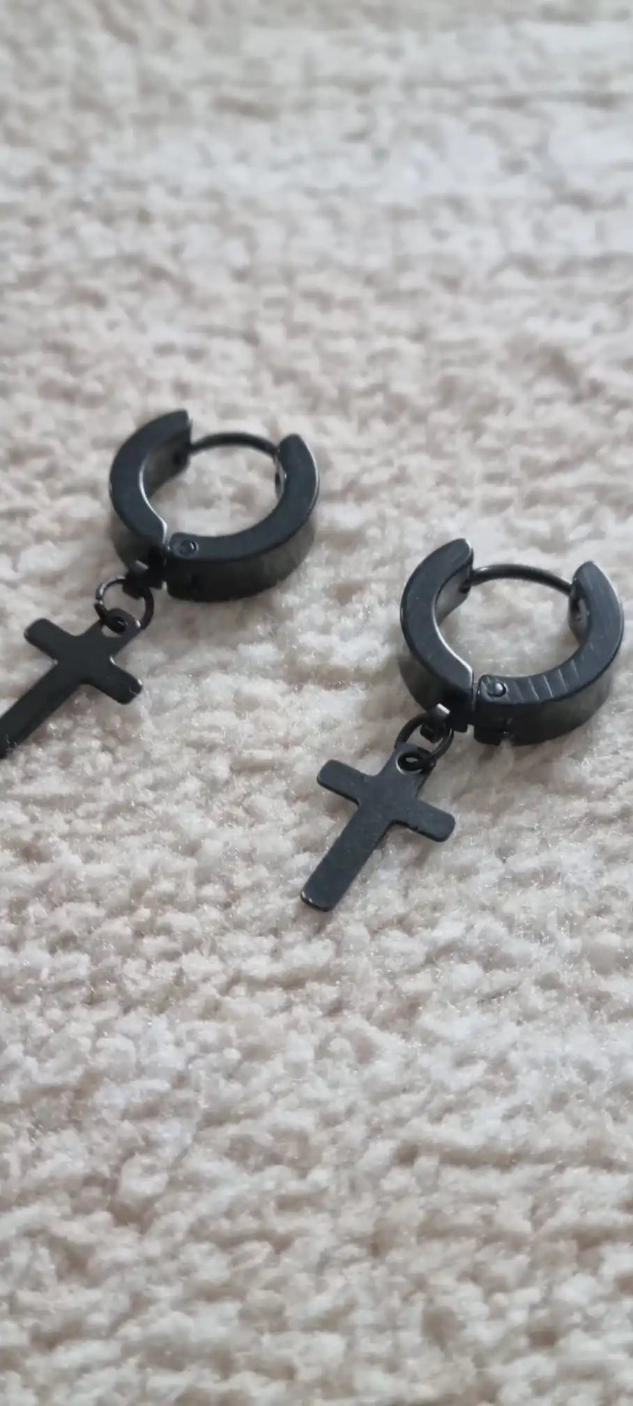 Stainless Steel Unisex Cross Stars Punk Dangle Earrings" "Gothic Hoop Huggies with Cross and Stars Design black 4
