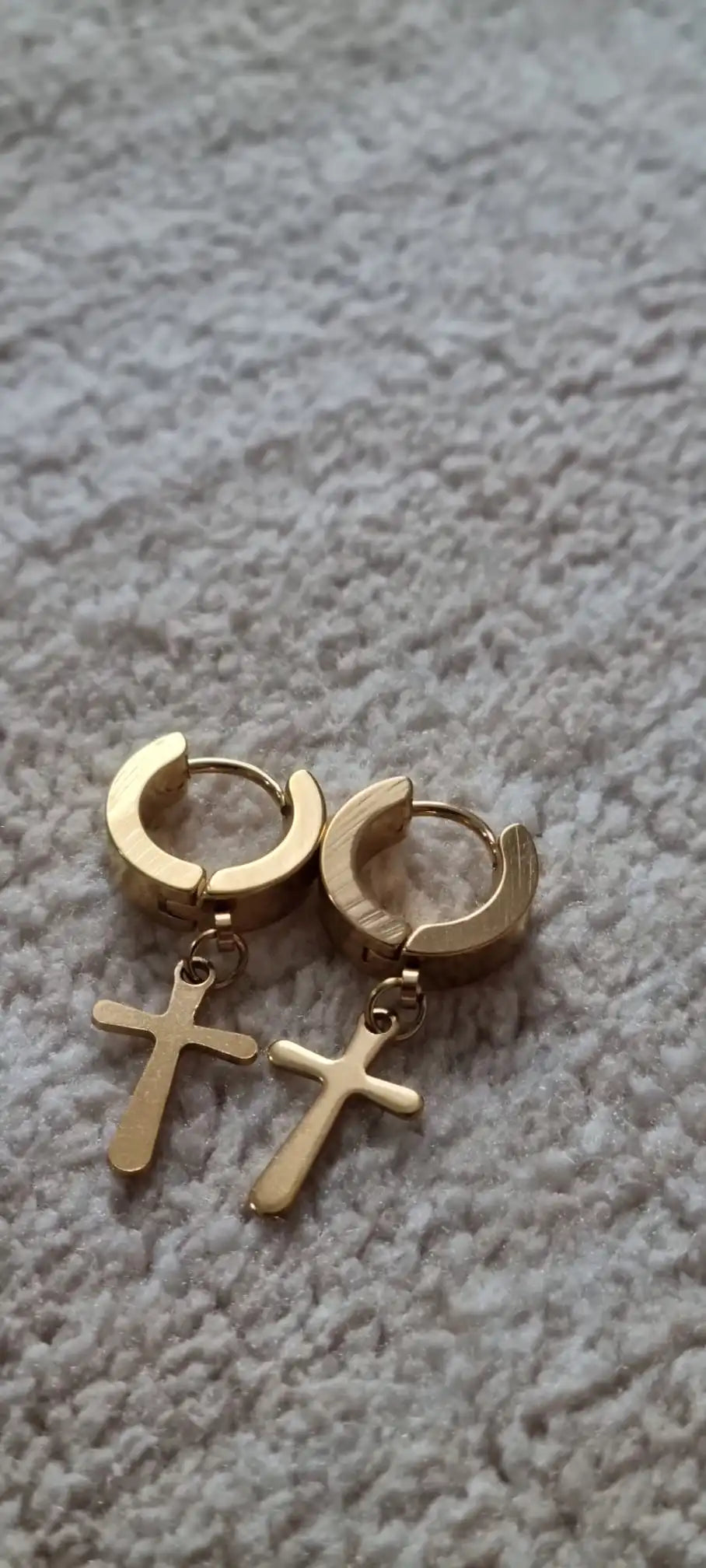 Stainless Steel Unisex Cross Stars Punk Dangle Earrings" "Gothic Hoop Huggies with Cross and Stars Design gold