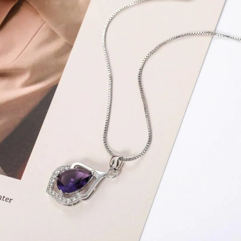 Tear Drop Amethyst Crystal Necklace | Amethyst Necklace Birthstone Jewellery Gift For Her
