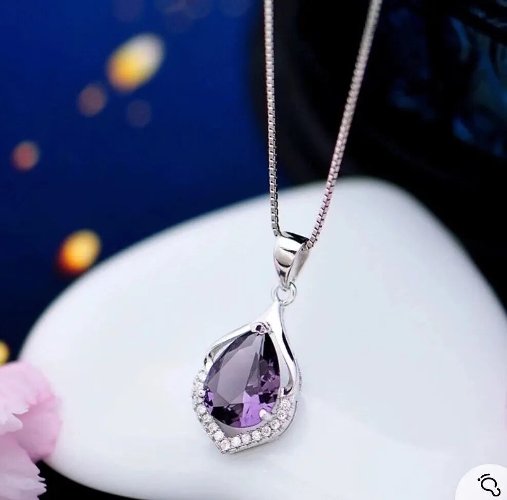 Tear Drop Amethyst Crystal Necklace | Amethyst Necklace Birthstone Jewellery Gift For Her