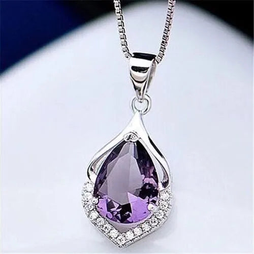 Tear Drop Amethyst Crystal Necklace | Amethyst Necklace Birthstone Jewellery Gift For Her