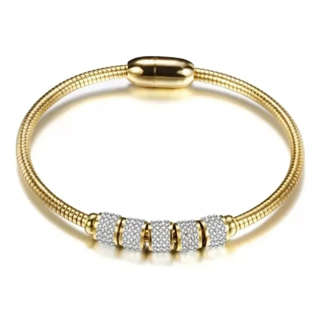 Titanium Steel Chunky Women Bracelet - Gold Bangle with Cubic Zirconia