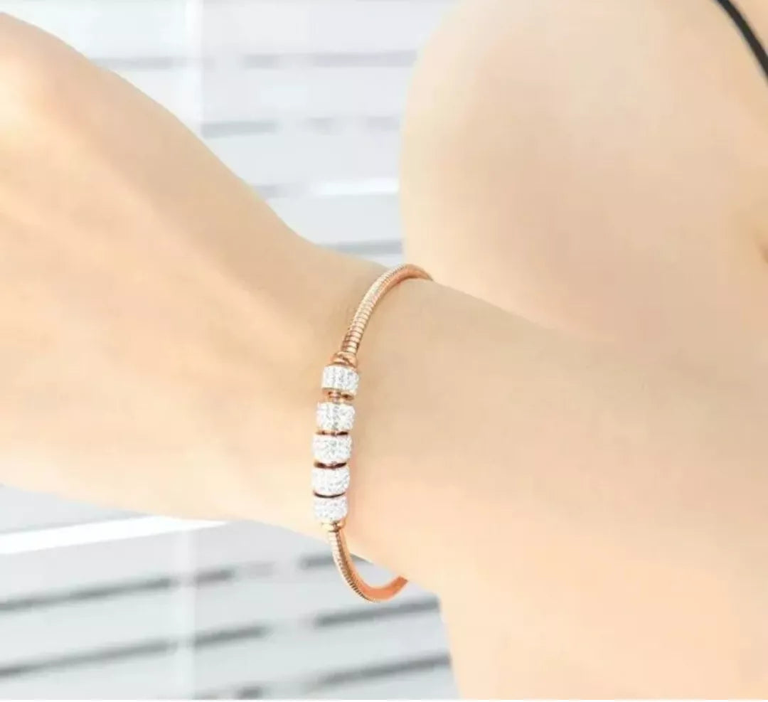 Titanium Steel Chunky Women Bracelet - Gold Bangle with Cubic Zirconia