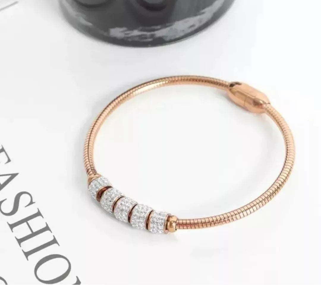 Titanium Steel Chunky Women Bracelet - Gold Bangle with Cubic Zirconia