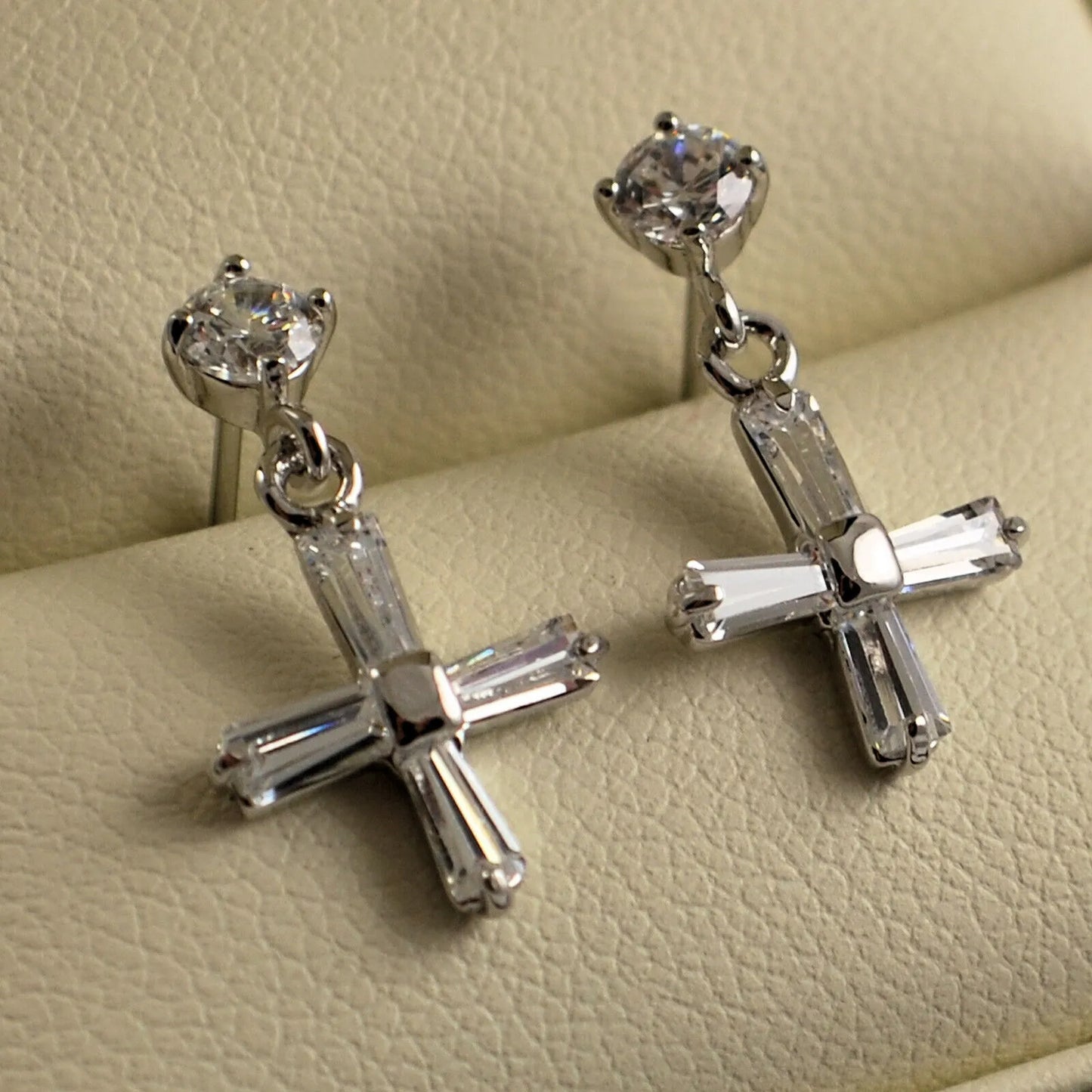 925 CZ Cross Dangle Drop Earrings
