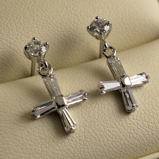 925 CZ Cross Dangle Drop Earrings