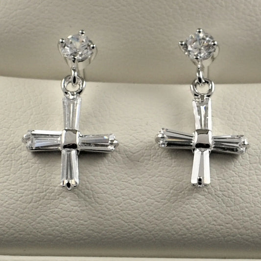 925 CZ Cross Dangle Drop Earrings