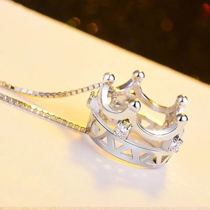 Crystal Crown Pendant Necklace - 925 Sterling Silver Chain Women's Jewellery Gift for Valentine's & Mother's Day