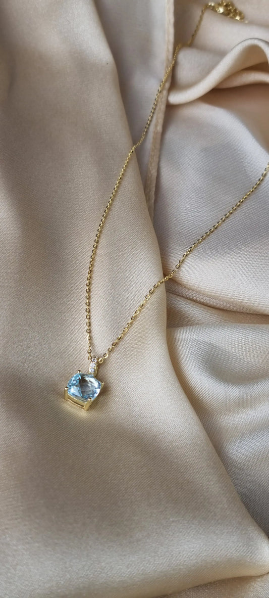 14k Gold Plated Green Amethyst Sky Blue Topaz Cushion-Cut Necklace - 8mm Square