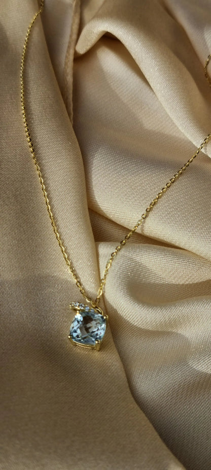 14k Gold Plated Green Amethyst Sky Blue Topaz Cushion-Cut Necklace - 8mm Square