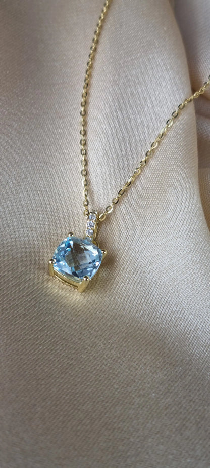 14k Gold Plated Green Amethyst Sky Blue Topaz Cushion-Cut Necklace - 8mm Square