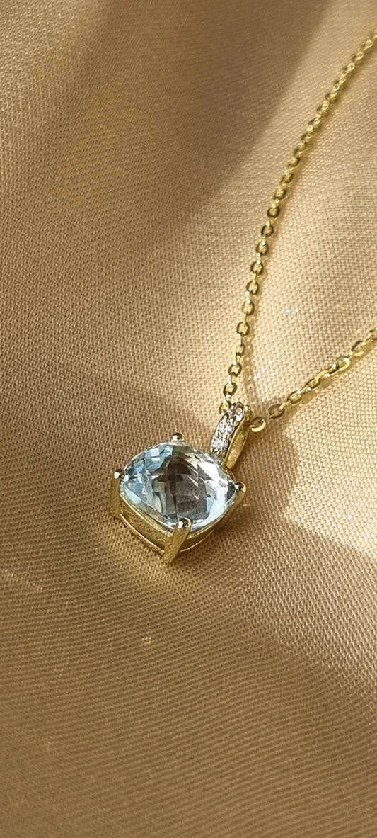 14k Gold Plated Green Amethyst Sky Blue Topaz Cushion-Cut Necklace - 8mm Square