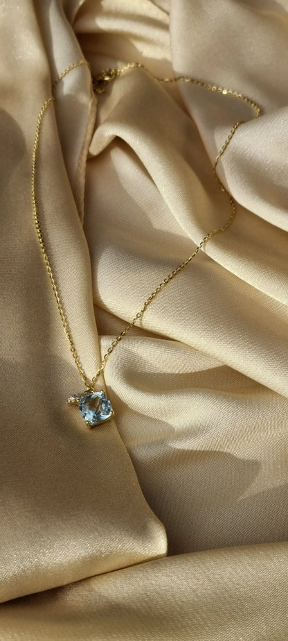 14k Gold Plated Green Amethyst Sky Blue Topaz Cushion-Cut Necklace - 8mm Square
