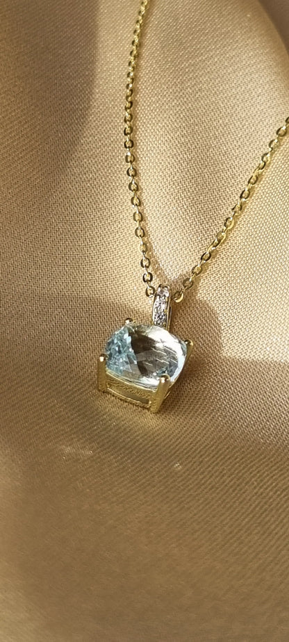 14k Gold Plated Green Amethyst Sky Blue Topaz Cushion-Cut Necklace - 8mm Square