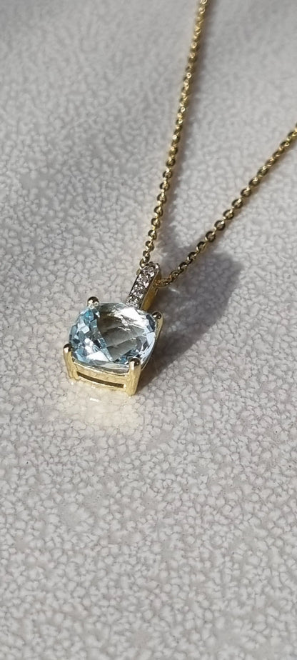 14k Gold Plated Green Amethyst Sky Blue Topaz Cushion-Cut Necklace - 8mm Square