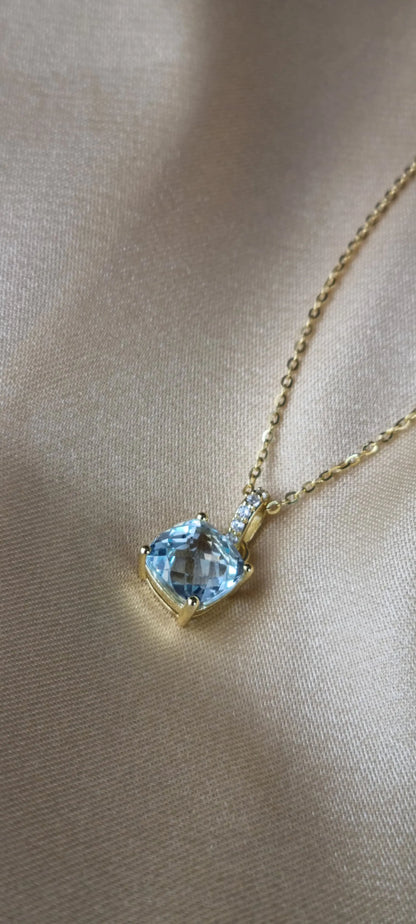 14k Gold Plated Green Amethyst Sky Blue Topaz Cushion-Cut Necklace - 8mm Square