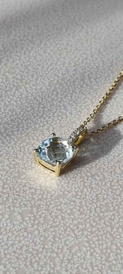 14k Gold Plated Green Amethyst Sky Blue Topaz Cushion-Cut Necklace - 8mm Square