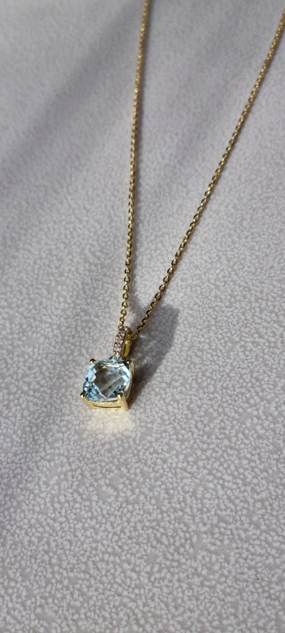 14k Gold Plated Green Amethyst Sky Blue Topaz Cushion-Cut Necklace - 8mm Square