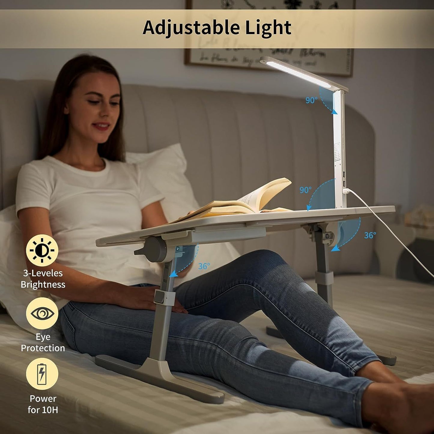 Lap Desk for Laptop, Portable Bed Table Desk, Laptop Desk with LED Light And Drawer, Adjustable Laptop Stand