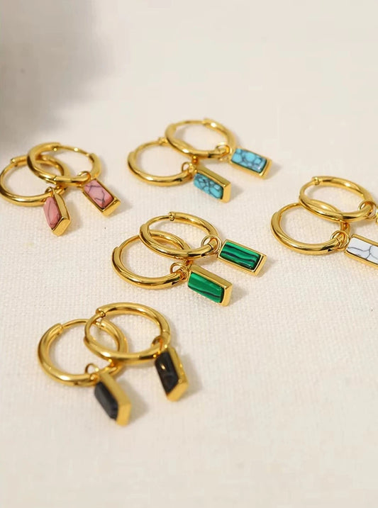 18K Gold Plated Stainless Steel Hoop Huggie Earrings with Colorful Turquoise Stone Charms