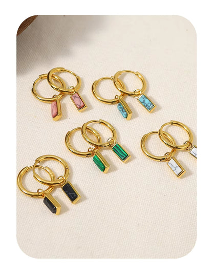 18K Gold Plated Stainless Steel Hoop Huggie Earrings with Colorful Turquoise Stone Charms