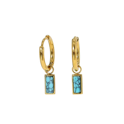 18K Gold Plated Stainless Steel Hoop Huggie Earrings with Colorful Turquoise Stone Charms