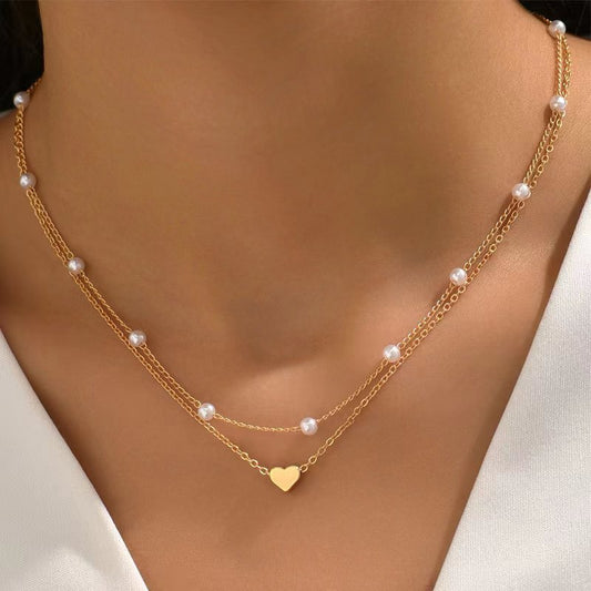 Double Layer Twin Pearl Heart Necklace