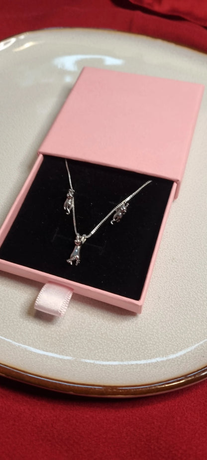 925 Sterling Silver Glossy Cat Necklace and Stud Earrings Set