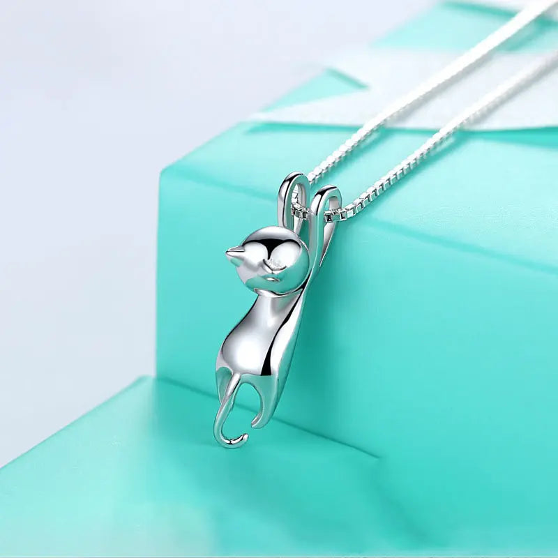 925 Sterling Silver Glossy Cat Necklace and Stud Earrings Set