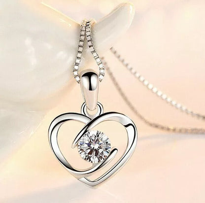 925 Sterling Silver Crystal Heart Swirl Pendant Necklace and Stud Earrings Set