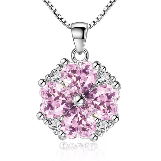 925 Sterling Silver Crystal Pink Flower Heart Pendant Necklace