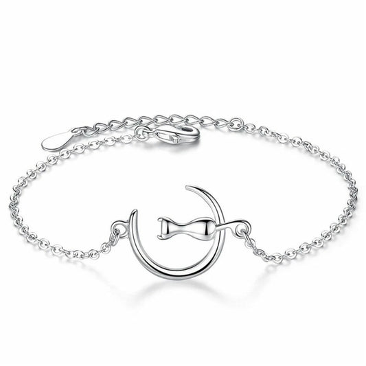 925 Sterling Silver Moon & Cat Charm Bracelet – Cute Jewellery Gift for Women & Girls UK
