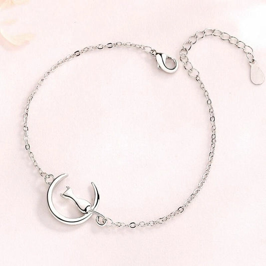 925 Sterling Silver Moon & Cat Charm Bracelet – Cute Jewellery Gift for Women & Girls UK