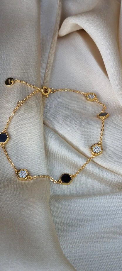 925 Silver 18K Gold Plated Black Agate Necklace and Bracelet Set